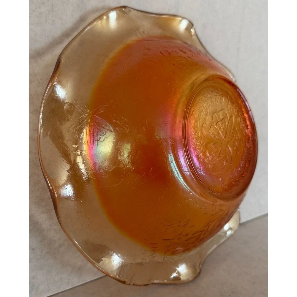 Jeannette Floragold Iridescent Ruffled Bowl, Marigold Carnival Glass